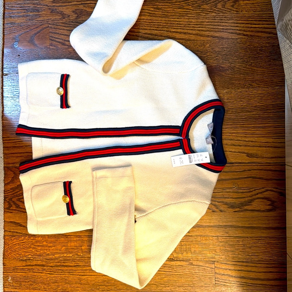 JCREW Knit Cardi: red/navy piping, pocket w/ gold buttons, never worn w/ tag